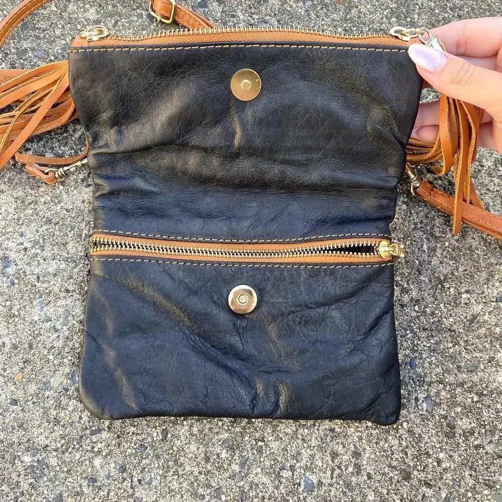 Vera Pelle Italian Leather Black Crossbody Tassel Clutch Bag